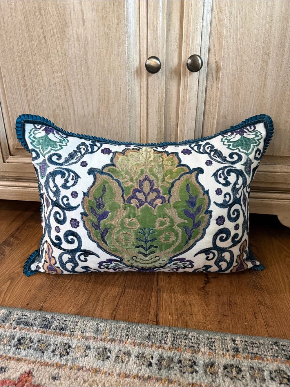 Pier 1 Green, Teal, Purple and Cream Embroidered Accent Pillow
